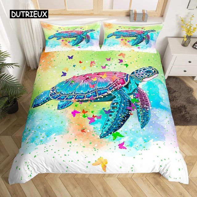 Bettwäsche Set Meeresschildkröte und Schmetterling mit Aquarell-Design von Binchi Outdoor Product, Mehrfarbig, Polyester, B/H: 150 x 200 cm - Bild 1