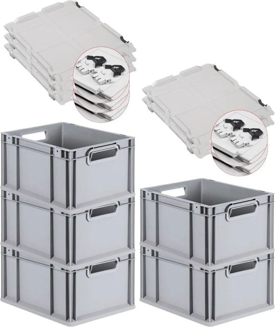 PROREGAL SuperSparSet 5x Eurobox NextGen Grip mit Scharnierdeckel und schwarzen Schiebeschnappverschlüssen, Grau, H x B x T: 22 x 30 x 40 cm - Bild 1
