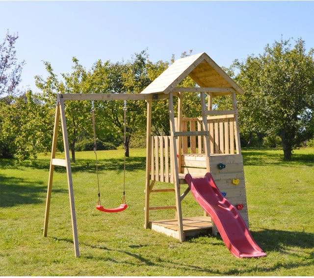 Wendi Toys Kinderspielturm Panda aus Holz mit Rutsche, Kletterwand und Schaukel, B/H/T: 270 x 270 x 290 cm, Natur/Braun/Rot - Bild 1