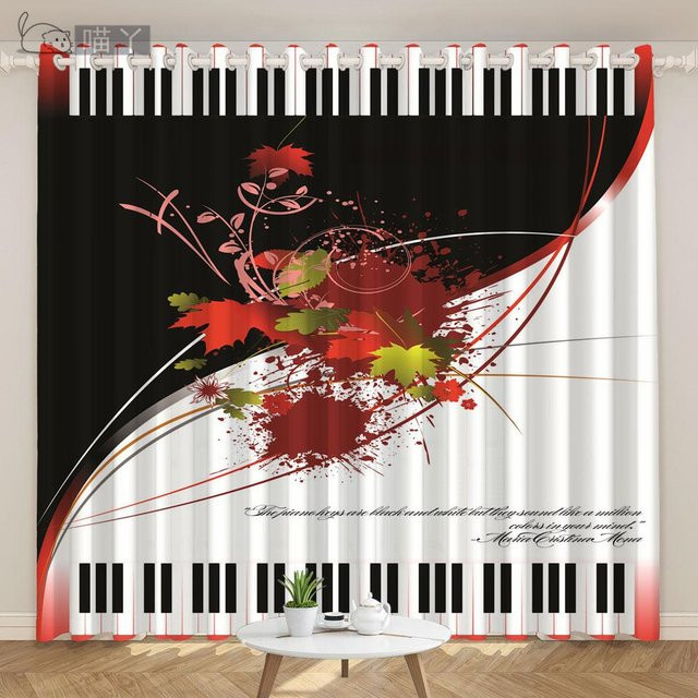 2er-Set Yiran Furniture Vorhang mit Klaviertasten-Motiv in Schwarz und Weiß, halbtransparent, mit Ösenaufhängung, Höhe: 130 cm, Breite: 100 cm - Bild 1