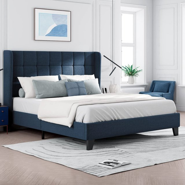 Gepolstertes Doppelbett aus Holz in Blau mit Leinenoptik von Aosom, B/T/H: 140 x 200 x 108 cm - Bild 1