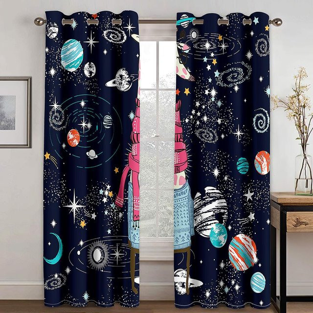 Yiran Furniture 2-teiliges Sonnenschutzvorhang Set für Kinder mit 3D-Astronauten und Weltraum-Motiv, Lichtgrau, B: 100 cm, H: 130 cm - Bild 1
