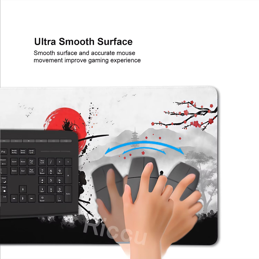 Riccu Gaming-Mauspad Samurai und Sonne in Schwarz-Rot, rutschfeste Schreibtischunterlage für PC und E-Sport - Bild 3