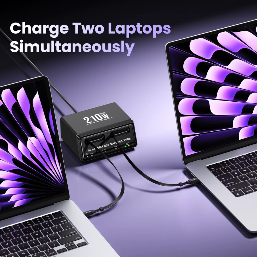 TOPZERO 6-in-1 GaN USB-C Schnellladestation mit einziehbarem Typ-C-Kabel, Power Combo Tower Ladegerät in Schwarz - Bild 4