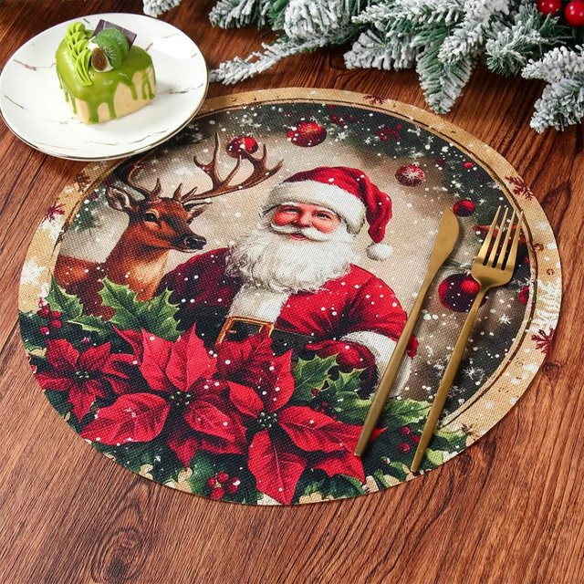 VIKAMA 4-teiliges Vintage-Weihnachts-Tischset-Set mit Weihnachtsmann-Motiv, rutschfest und waschbar, Mehrfarbig, Breite: 38 cm, Höhe: 38 cm - Bild 1