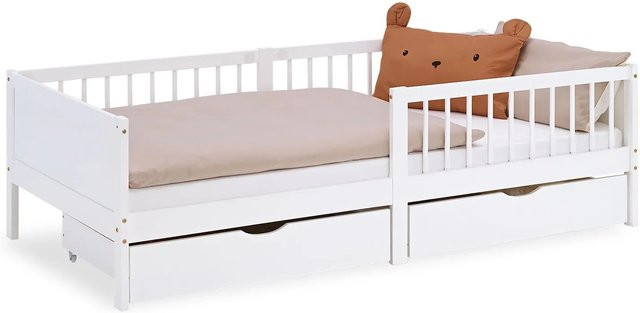 Homestyle4u Kinderbett aus Kiefernholz mit Rausfallschutz und 2 Bettkästen in Weiß, B/T/H: 90 x 200 cm - Bild 1