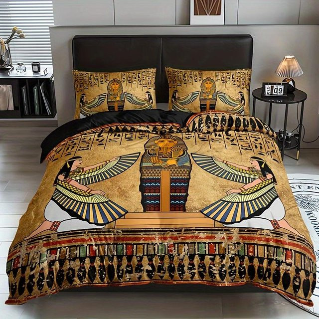 Bettwäscheset mit altägyptischer Kunst von Binchi Outdoor Product, beige, 1 Bettbezug und 2 Kissenbezüge, atmungsaktive Mikrofaser, B/H: 200 x 200 cm - Bild 1