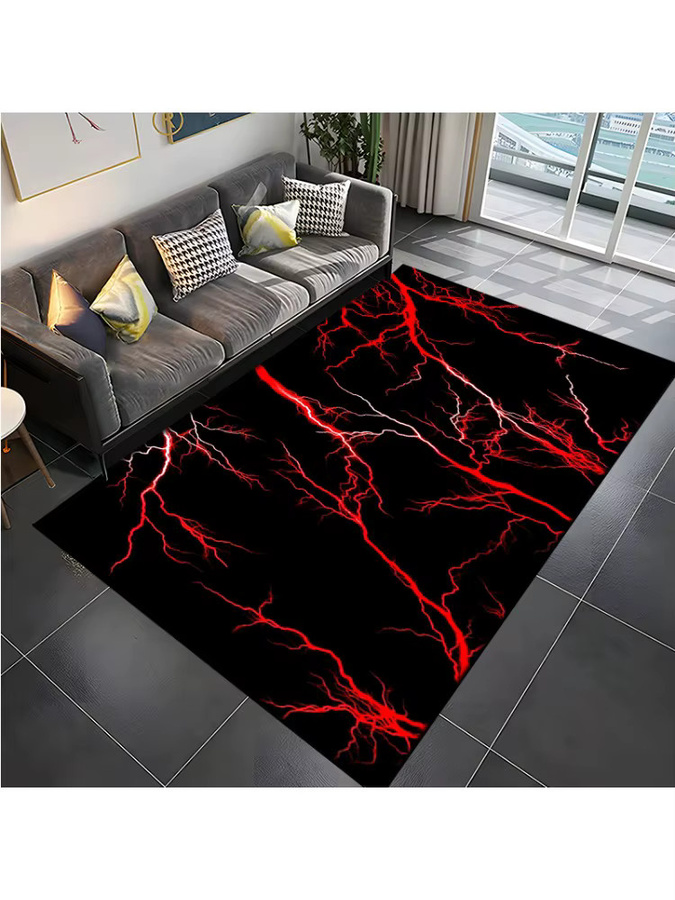 Potdemiel 3D-Teppich mit Blitzstreifen in Schwarz, rutschfeste rechteckige Bodenmatte für Wohnzimmer, Schlafzimmer und Kinderzimmer - Bild 2