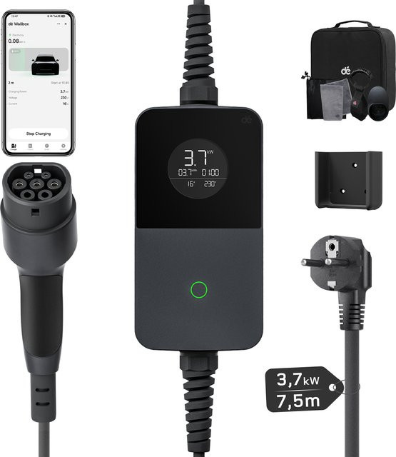dé Tragbares Typ 2 EV-Ladegerät mit App-Steuerung und Wi-Fi, 3,7kW Ladestation für Elektroautos, Schwarz, 7,5 m Schuko-Ladekabel, einstellbarer Ladestrom 6-16A, IP65 Wasserschutz - Bild 1