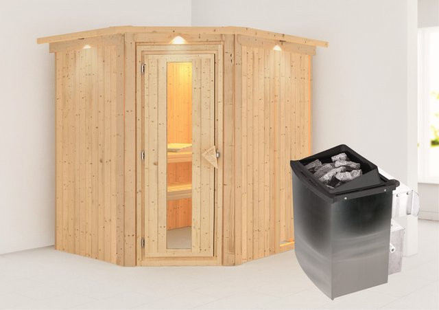 Karibu Sauna Swenna mit 9 kW Ofen, integrierter Steuerung, Dachkranz und Energiespartür, B/T/H: 196 x 170 x 198 cm - Bild 1