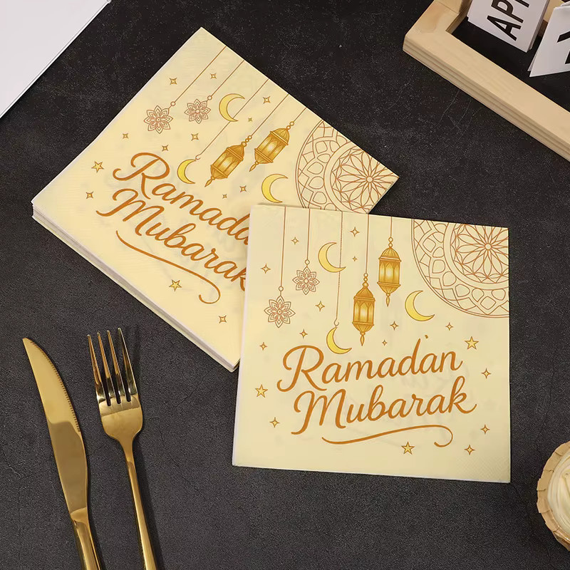 ZQNYCY Ramadan Mubarak Papierservietten mit goldenem Mond und Laterne in Gold für deine islamische Eid Tischdekoration - Bild 3