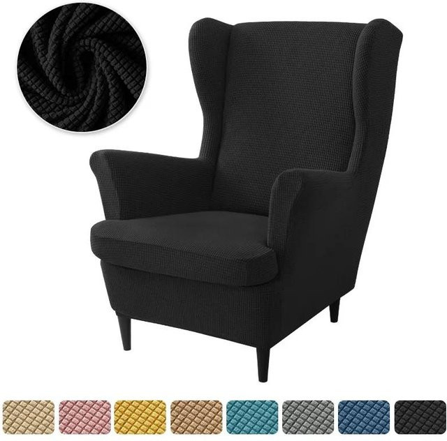 Rutschfester Polarfleece Ohrensesselbezug mit Sitzkissenbezug in Schwarz, elastischer Stretch-Sofabezug für Sessel mit hoher Rückenlehne - Bild 1