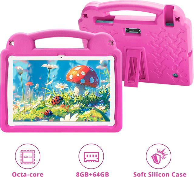 Paitanry Kinder-Tablet 10,1 Zoll mit Android 15, Allwinner A523 Octa-Core, 8 GB RAM, 64 GB Speicher, Pink mit stoßfester Schutzhülle - Bild 1