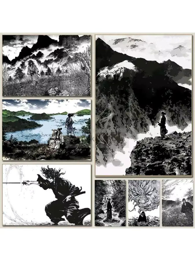 Potdemiel Vagabond Samurai Manga Leinwand-Kunstdruck in Schwarz-Weiß als Retro japanisches Wandposter - Bild 2