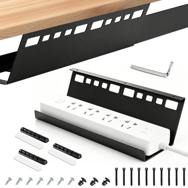 Kabelmanagement-Ablage aus robustem Stahl zur Untertischmontage in Schwarz mit Schraubbefestigung und Kabelbindern für deinen Büro-Computertisch - Bild 1