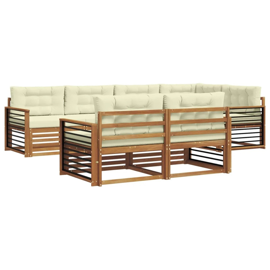 vidaXL Outdoor-Sofagarnitur aus Akazienholz in L-Form, 7-teiliges Set in Natur und Creme mit Kissen und Armlehnen - Bild 2