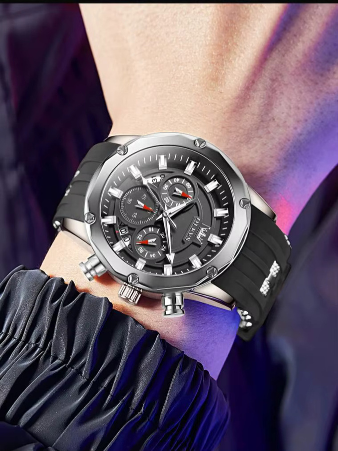 OLEVS Chronograph Herren-Armbanduhr, Quarz, Silikonarmband, Schwarz - Bild 6