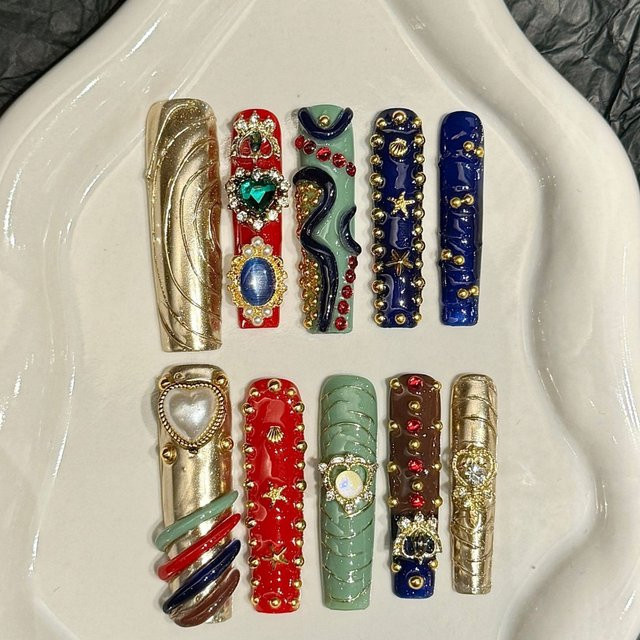 YADORNOS Press On Nails Long Coffin, Gold Star Love Heart Pearl, Damen - Bild 1