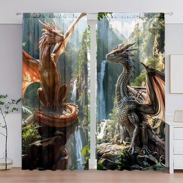 2er-Set Dominanter Drache Vorhang mit Grafikprint in Grau, halbtransparent, Breite: 52,5 cm, Höhe: 116 cm - Bild 1