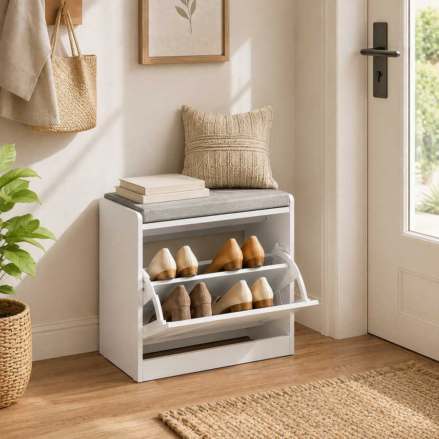 HOMCOM Schuhbank für den Flur mit gepolstertem Sitz und Klappfach in Weiß, B/T/H: 60 x 30 x 52 cm - Bild 2