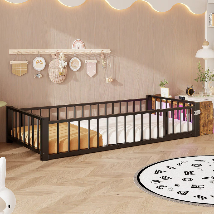 Einzelbett HAUSS SPOLE mit Barriere, offenem Stauraum und LED aus Metall und MDF, Schwarz, B: 90 cm, L: 200 cm - Bild 3