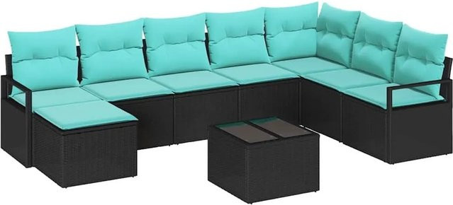 vidaXL Polyrattan Gartenmöbel Set in U-Form mit 9-teiliger Polstergarnitur und Kissen in Schwarz und Türkis - Bild 1