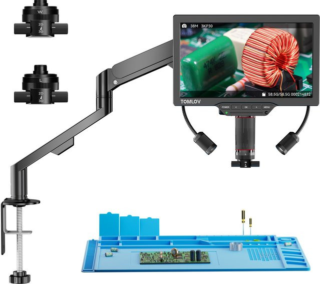 TOMLOV 7-Zoll IPS Digital-Mikroskop mit 2000X Vergrößerung und HDMI-Ausgang, schwarzes Elektronisches Löt-Mikroskop mit Doppel-3D-Linse für PCB-Reparaturen - Bild 1