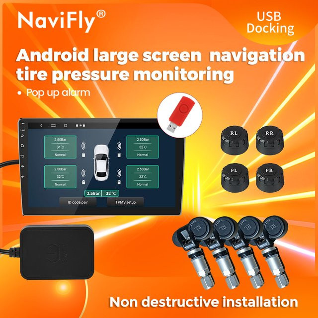 Navifly TPMS Reifendruck Überwachungssystem mit externen und internen Sensoren und Display für Android Auto Navigationsradios, Schwarz, USB-A - Bild 1