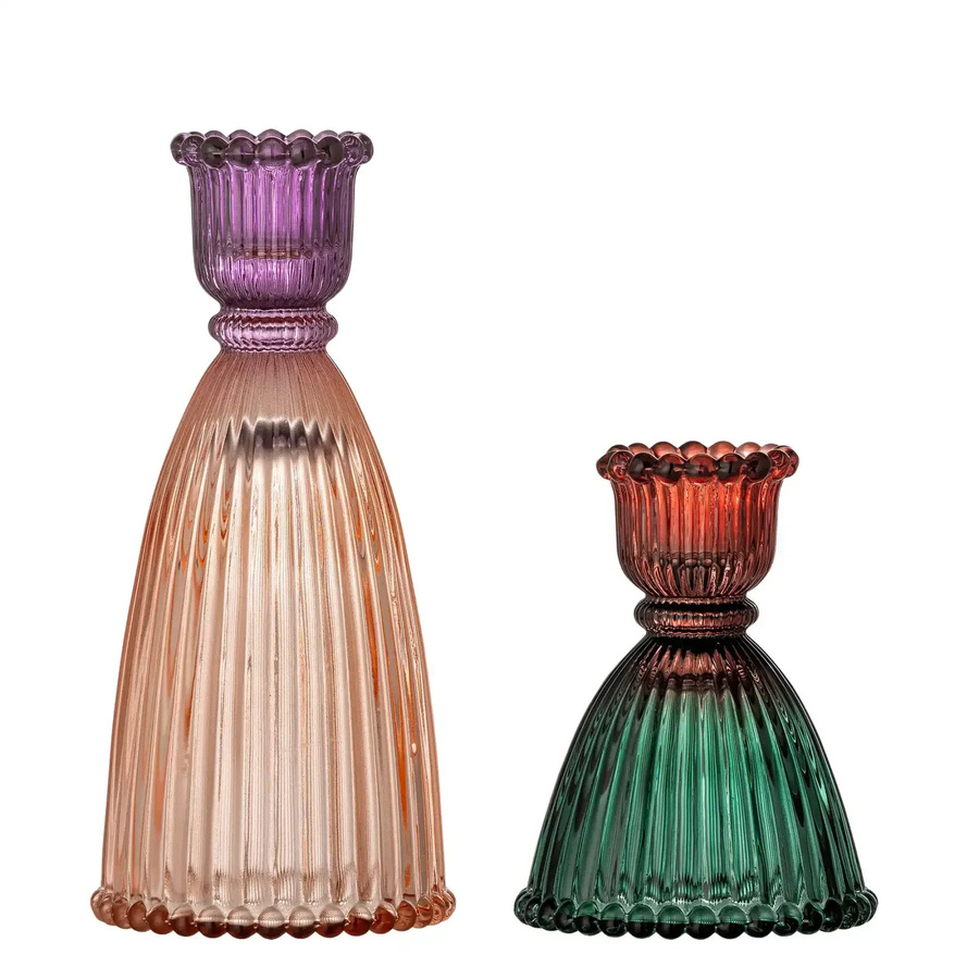 Bloomingville Shilo Kerzenhalter-Set aus Glas mit Rillenstruktur, 2er-Set, mehrfarbig (Pink, Lila, Grün) - Bild 1