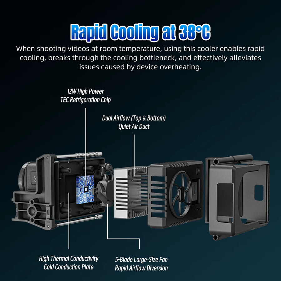 Ice Core Kühlradiator mit 3-Gang-Einstellung und Cold Shoe für DJI Osmo Action 5 Pro, Action 4 und Action 3 in Schwarz - Bild 4