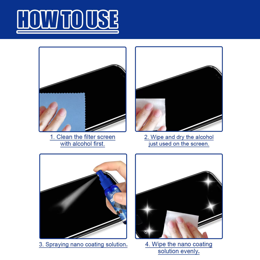 Jue-Fish Nano Flüssiger Bildschirmreiniger mit hydrophober und oleophober Beschichtung gegen Fingerabdrücke für Handy, Tablet und Laptop, Blau - Bild 5