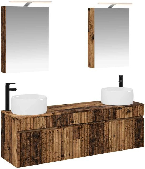 vidaXL Badezimmerschrank-Set aus Altholz in Braun, 5-teiliges Set mit Waschtischunterschrank und Spiegelschrank mit LED-Beleuchtung, B/T/H: 50 x 14,5 x 70 cm - Bild 1
