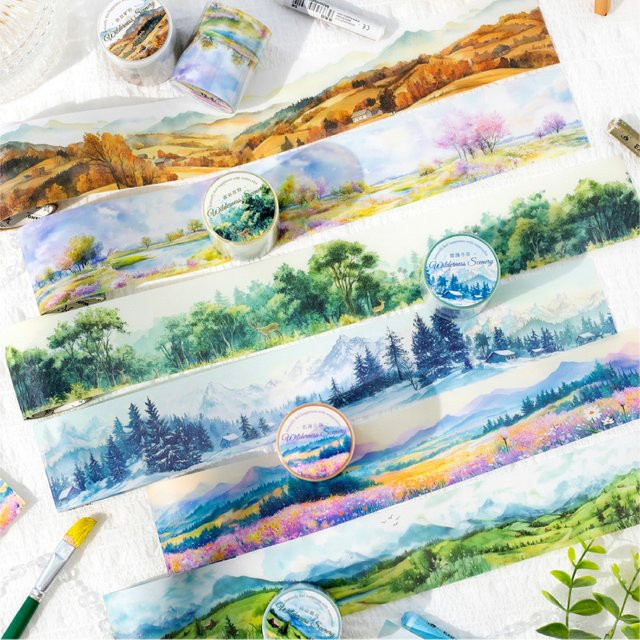 JIANQI PET Washi Tape mit Landschaftsmotiven in Multicolour für Scrapbooking und Junk Journal, Breite: 5 cm, Länge: 2 m - Bild 1