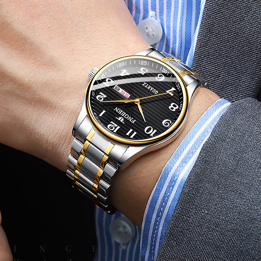 BINBOND Herrenuhr, Quarz, Edelstahl, Schwarz, Bicolor, Datum, Wochentag - Bild 3