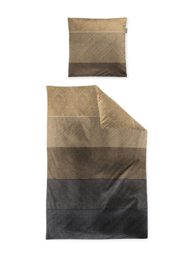 Irisette Feinbiber Bettwäsche Streifen in Grau und Ocker, bestehend aus Bettbezug und Kissenbezug, Baumwolle, B/H: 155 x 220 cm und 80 x 80 cm - Bild 1