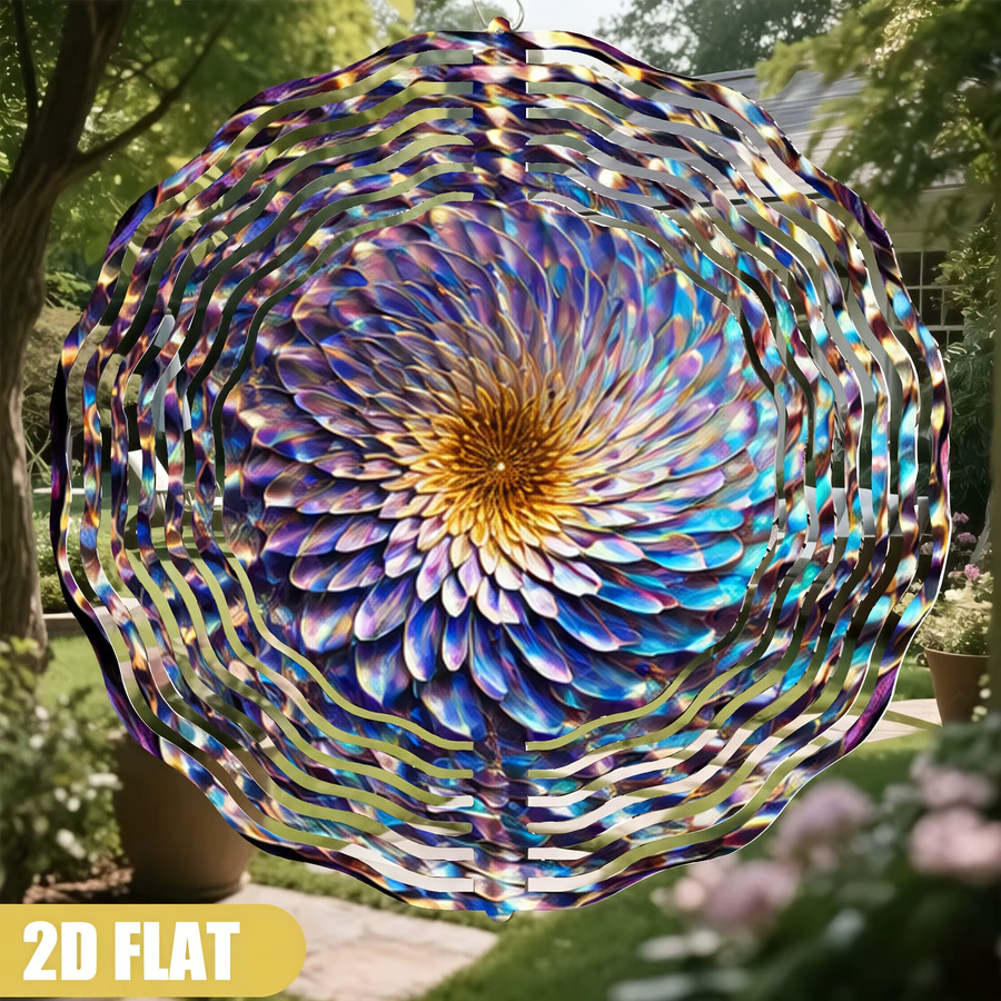 Kicko Art Abstrakter Blumen-Windspinner aus Metall mit 360 Grad Rotation, Moderne Gartendekoration für den Außenbereich in Blau, Lila, Gold und Gelb - Bild 2