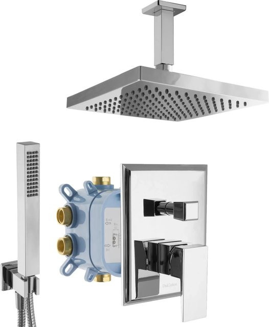 PaulGurkes Duschsystem Unterputz mit Eckiger Montagebox, Einhandmischer und Umsteller in Chrom/Silber - Bild 1