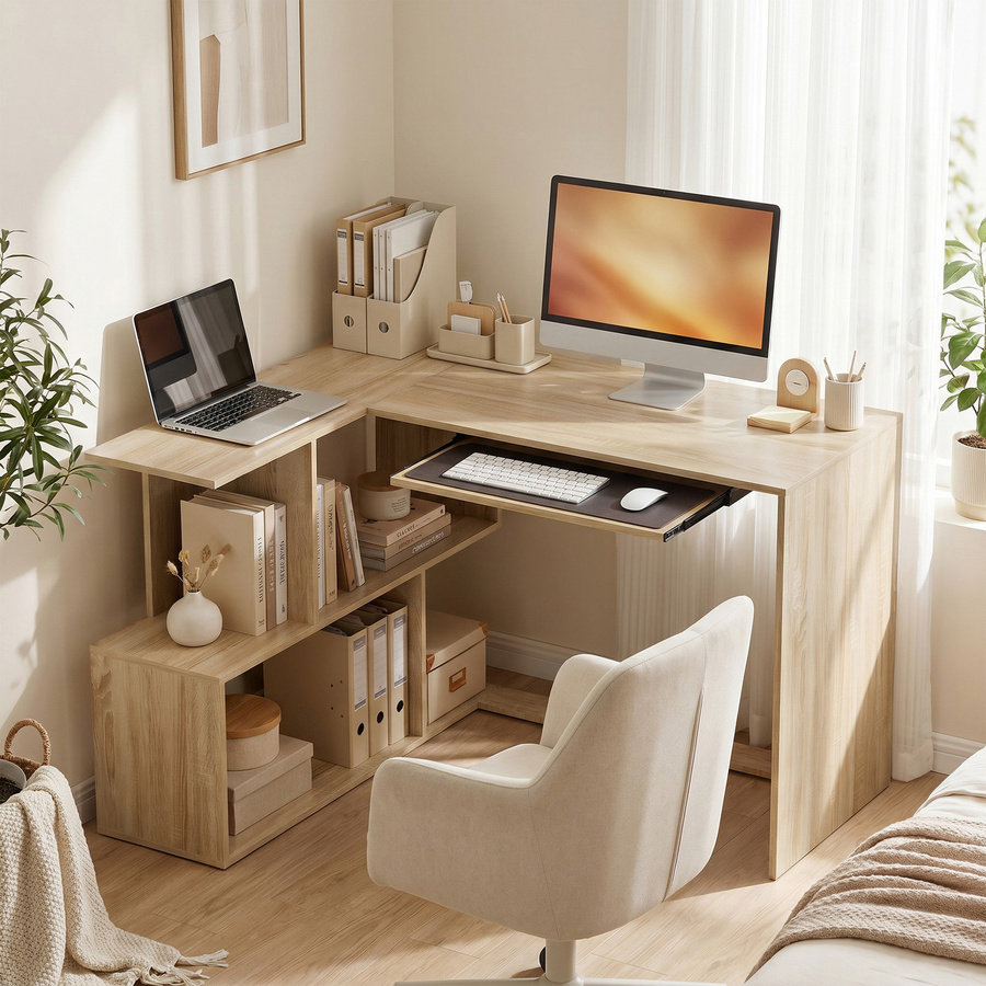 HOMCOM Eckschreibtisch in L-Form mit Tastaturauszug und 4 offenen Fächern, moderner Computerschreibtisch in Braun, B/T/H: 120 x 100 x 76 cm - Bild 2