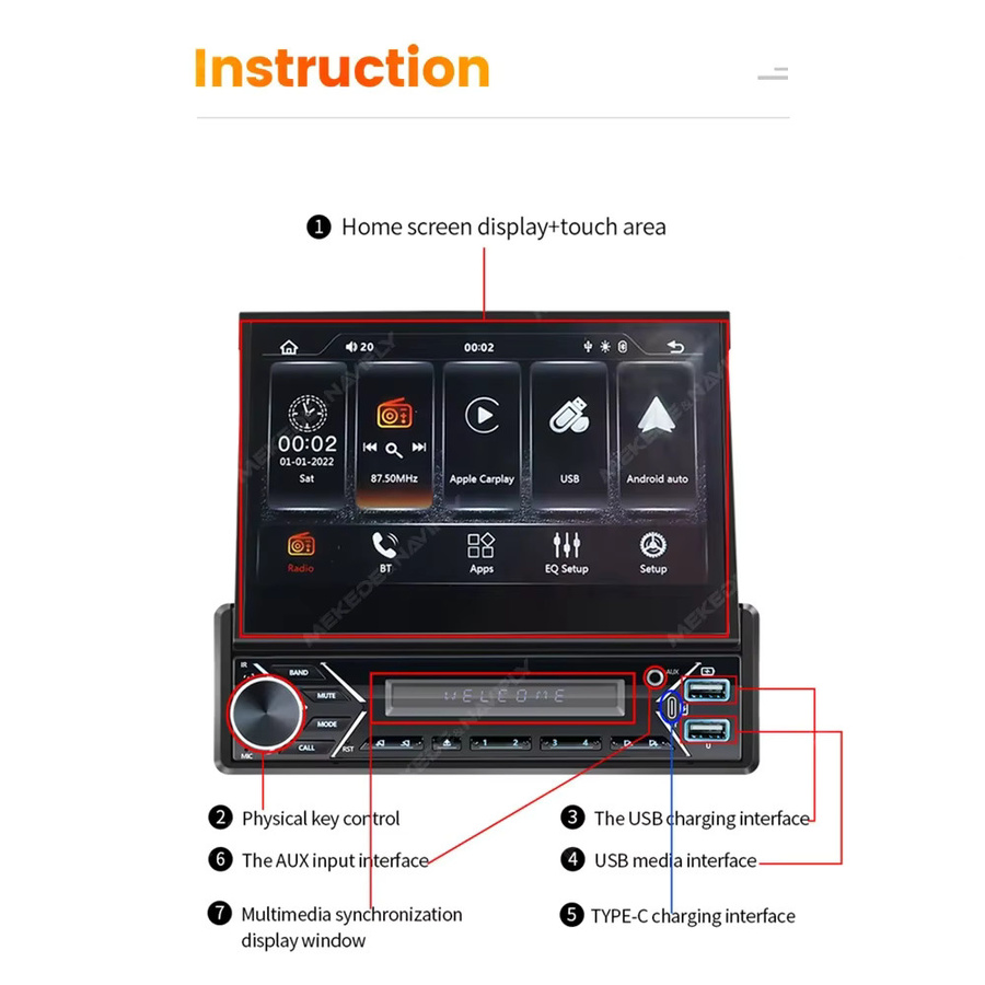 NAVIFANS Universal 1Din MP5 Autoradio mit 7 Zoll IPS Versenkbarem Bildschirm, Carplay, Android Auto und GPS Navigation, Schwarz - Bild 3