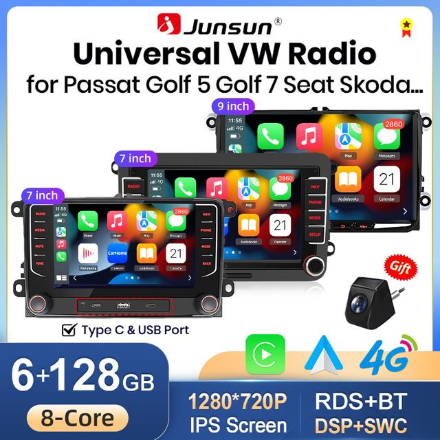 Junsun CarPlay Android Autoradio mit GPS für Volkswagen VW Golf Passat Jetta Skoda SEAT, 7 Zoll, Schwarz - Bild 1