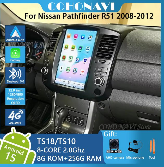 Roadonline Android 15 Auto-Multimedia-Videoplayer mit 12,8-Zoll-Touchscreen für Nissan Pathfinder und Nissan Navara 2008-2012, Stereo mit GPS und CarPlay, Schwarz - Bild 1