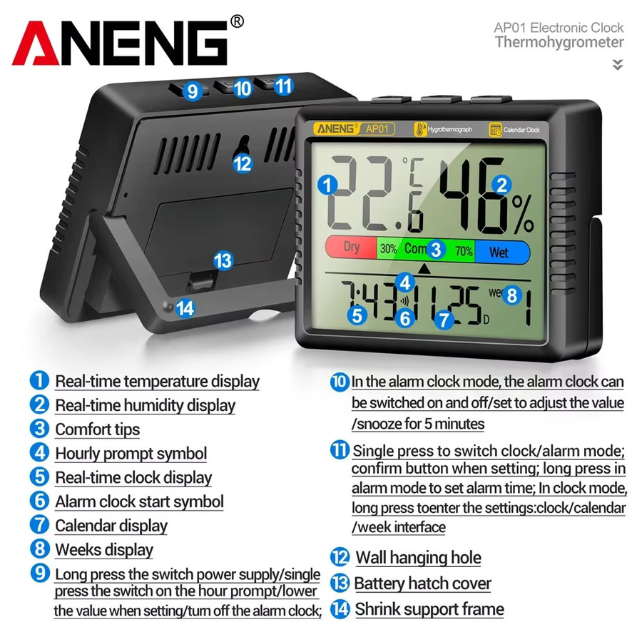 ANENG AP01 LCD Digital-Thermometer Hygrometer mit Wecker und Wetterstation für dein Zuhause in Schwarz oder Weiß - Bild 4