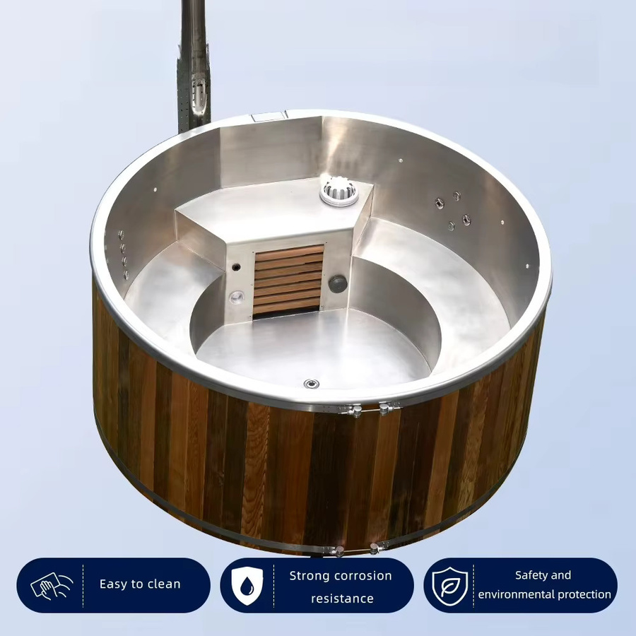 Traditioneller tragbarer Whirlpool aus rotem Zedernholz mit Holzfeuerung in Braun, rund - Bild 5