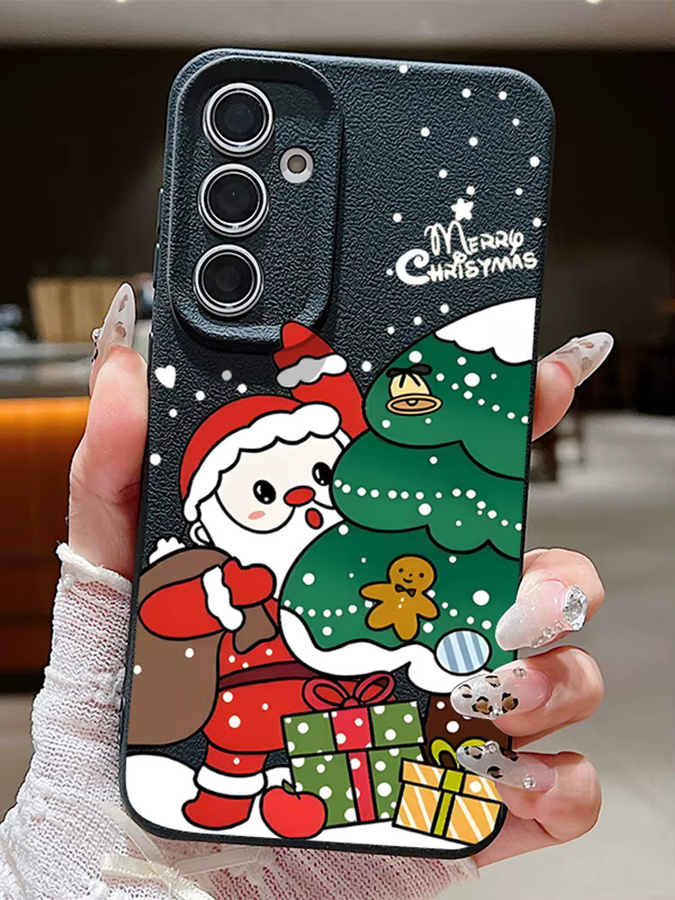 Santa Claus Silikon Handyhülle mit Ledertextur für Samsung Galaxy S25 S24 FE S23 S22 S21 Ultra A17 A56 A55 A26 A36 A15 A16 in Braun und Multicolour - Bild 4