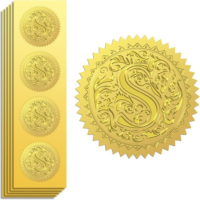 25 Blatt selbstklebende geprägte Folienaufkleber Medaillendekoration Buchstabe S in Gold, B/B: 5 x 5 cm, 4 Stück pro Blatt - Bild 1