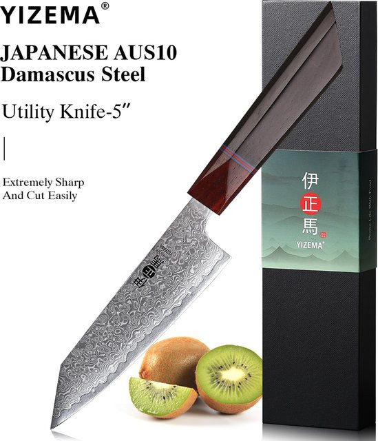 YIZEMA Damaskus Allzweckmesser Professionelles Japanisches Kochmesser handgeschmiedet mit Holzgriff, Klingenlänge: 12,7 cm - Bild 1
