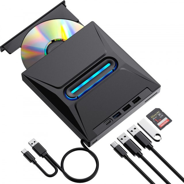 Externes 5-in-1 Blu-ray Laufwerk mit USB 3.0 Type-C Anschluss, BD/DVD/CD Brenner und SD/TF Kartenleser in Schwarz - Bild 1