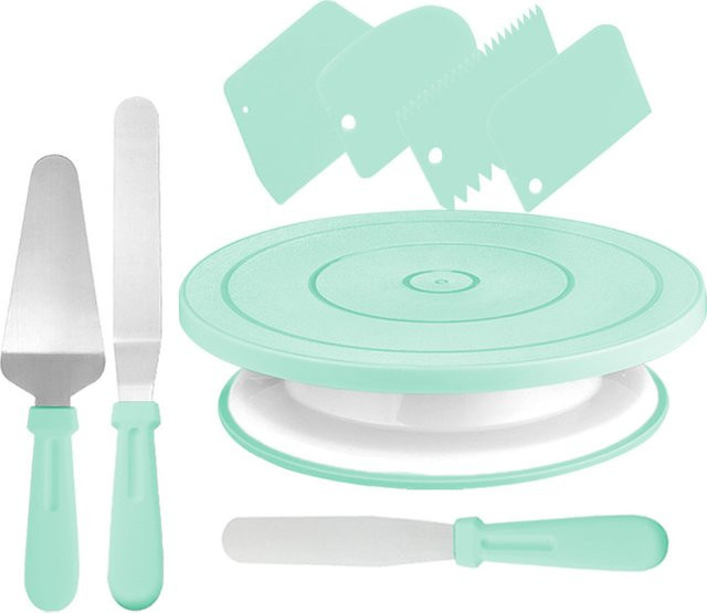 XMSJ 8-teiliges Backzubehör-Set in Grün mit Kuchendrehteller, Teigschaber und Spatel für professionelles DIY-Kuchendekorieren - Bild 1
