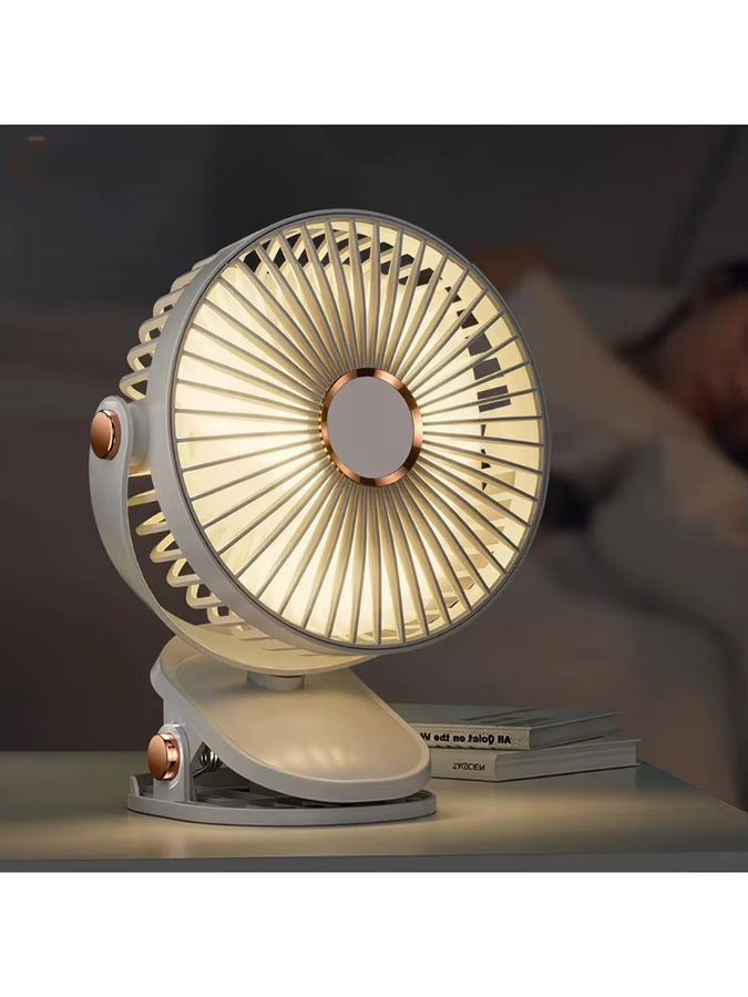 RTONTR Clip-Ventilator für Desktop und Heim mit Nachtlicht, USB-wiederaufladbar, 5 Geschwindigkeitsstufen, leise und verstellbar, in Blau und Weiß - Bild 1
