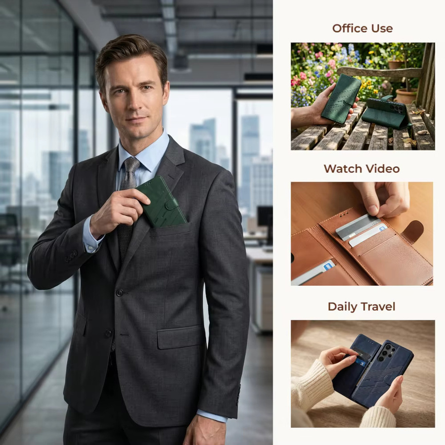 Leder-Flip-Hülle für Samsung Galaxy S26 S25 S24 S23 Ultra S22 Plus FE A36 A37 A56 A26 A15 A16 Kartenetui mit Prägung in Grün - Bild 5